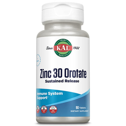 KAL Zinc Orotate 30mg, Sustained Release, Chelated Zinc Tablets, Immune Support Supplement, Protein Synthesis, Metabolism, Energy Support, Vegan, Gluten Free, 60-Day Guarantee, 90 Servings, 90 Tablets