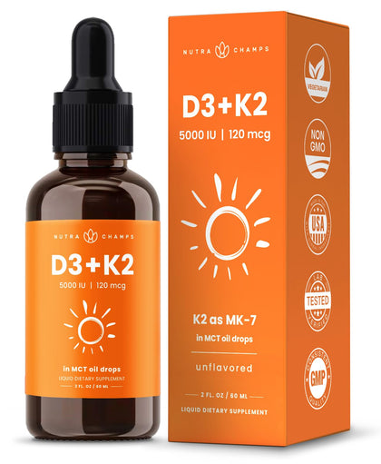 Vitamin D3 K2 Drops | Liquid Vitamin D3 5000 IU & K2 D3 with MK7 | Vitamin D Drops for Kids | Bones, Heart & Immune Health | Liquid Vitamin D in MCT Oil for Better Absorption Than Capsules & Gummies