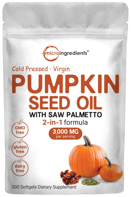 Pumpkin Seed Oil with Saw Palmetto, 3,000mg Per Serving, 300 Softgels | Cold Pressed, Pure Virgin Oil, Herbal Supplement | Supports Urinary, Bladder & Prostate Health | Non-GMO