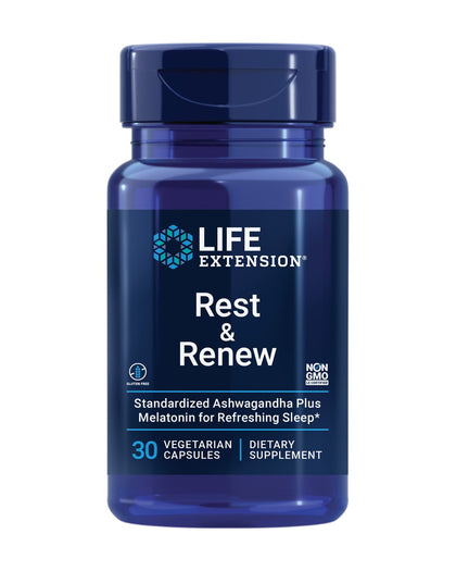 Life Extension Rest & Renew - Ashwagandha Extract with Melatonin - Sleep Supplement Herbal Formula for Healthy and Restful Sleep Support - Gluten Free, Non-GMO, Vegetarian - 30 Capsules