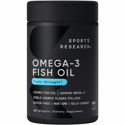 Sports Research Triple Strength Omega 3 Fish Oil - Burpless Fish Oil Supplement w/EPA & DHA Fatty Acids from Single-Source Wild Alaska Pollock - 1250 mg, 180 ct