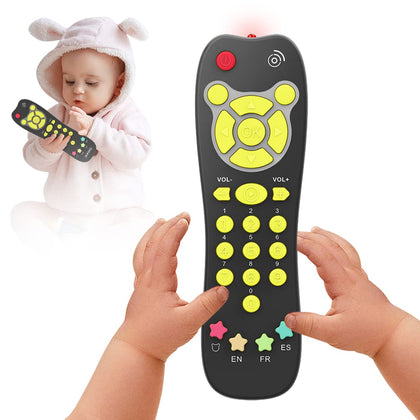 KALUYA Baby TV Remote Toy, Toddlers Remote Control Toy Kids Realistic Play Remote Early Educational Baby Musical Toys with Light and Sound English French Spanish for Infant Boys Girls 6 Month+, Black