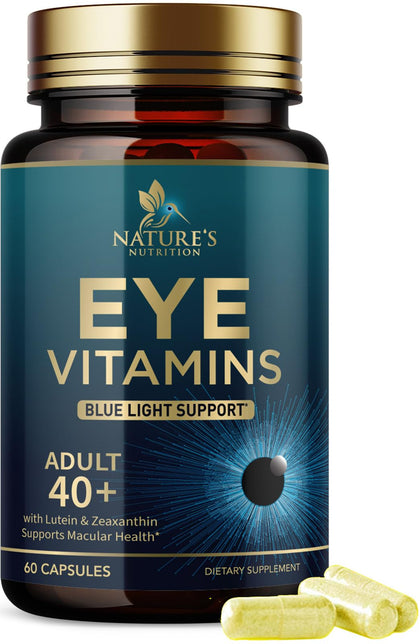 Eye Vitamins & Mineral Supplement, Contains Lutein, Zeaxanthin, Bilberry & Zinc, Supports Eye Strain, Vision Health & Dry Eyes for Adults with Vitamin C & E, Lycopene, Gluten Free - 60 Capsules