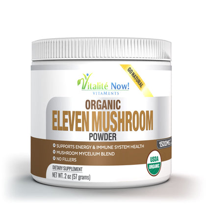 Organic 11 Mushroom Powder - USDA Certified - Lion's Mane, Reishi, Cordyceps, Maitake, Shiitake, Turkey Tail, Chaga, Zhuling, Wood Ear, Poria Cocos, Hime-Matsutake - Immunity & Energy, No filler