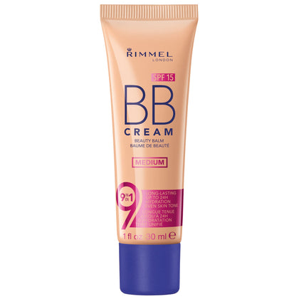 Rimmel London BB Cream, 9-in-1 Lightweight Formula with Brightening Effect and SPF 15 Formula, Medium, 30 ml