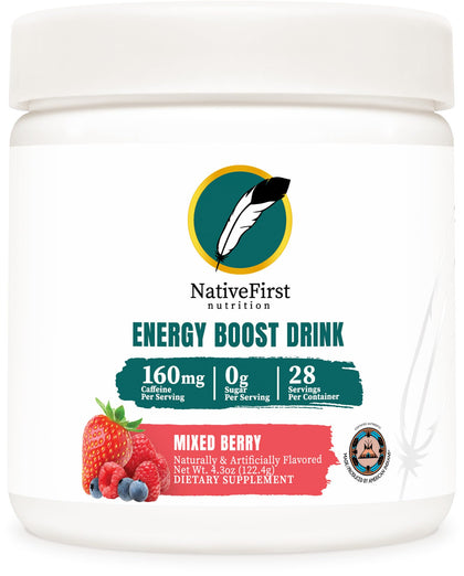 NativeFirst Energy Boost Drink Mix (28 Servings) - 160mg Caffeine per Serving, Gluten Free, Non-GMO (Mixed Berry)