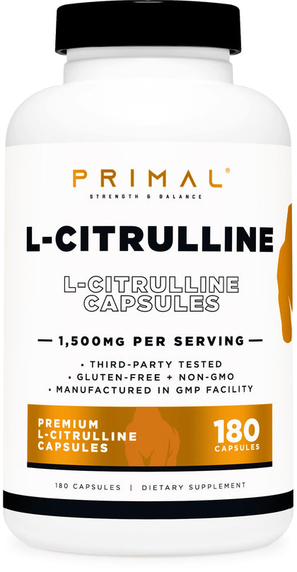 Primal L-Citrulline Capsules (180 Capsules / 1,500 mg Per Serving) | Premium L-Citrulline Supplement