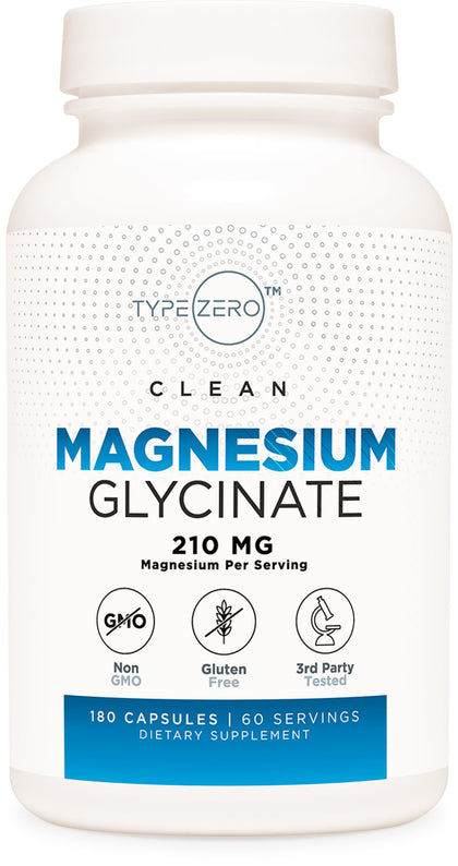 Type Zero Magnesium Glycinate (210mg | 180 Capsules) Pure, Non-GMO, Gluten Free, Natural High Absorption Magnesium Supplement