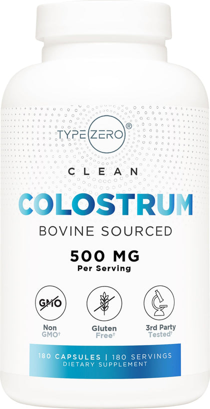 Type Zero Colostrum Supplement (500mg) 180 Capsules - Bovine Sourced, Non-GMO, Gluten-Free