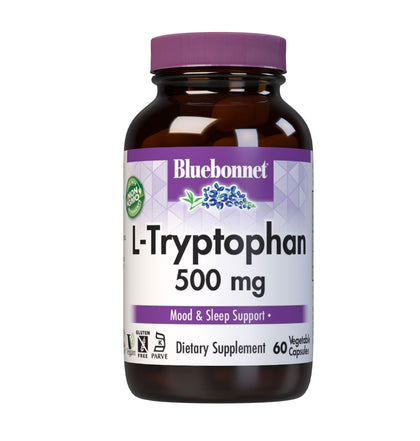 Bluebonnet Nutrition L-Trypotophan 500mg, for Neurotransmitting Support*, Supports Positive Mood*, Soy-Free, Gluten-Free, Non-GMO, Kosher Certified, Vegan, White 60 Vegetable Capsules, 60 Servings