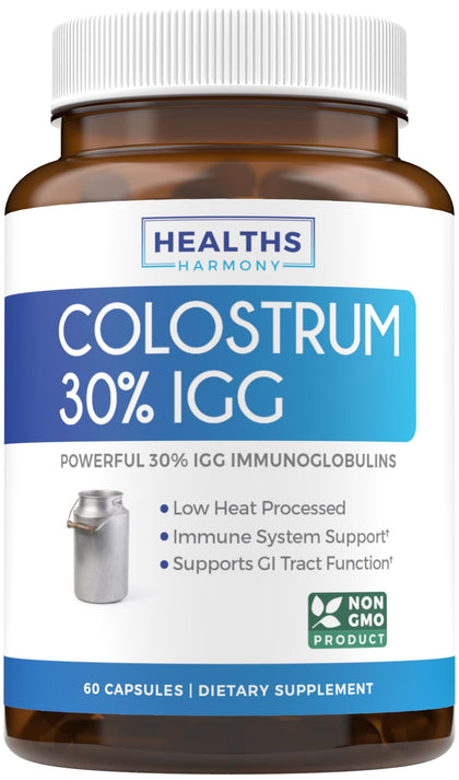 Colostrum 1,000mg (Non-GMO) 30% IgG Immunoglobulins - Immune System Support, Gut Health & Respiratory Health Supplement - Low Heat Processed Bovine Colostrum - 60 Capsules - No Powder or Pills