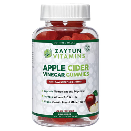 Zaytun Halal Apple Cider Vinegar Gummies with Mother, Supports Digestive and Gut Health, Help Improve Energy, Includes Folic Acid, No Gelatin No Gluten, 100% Vegan, 2 Months Supply