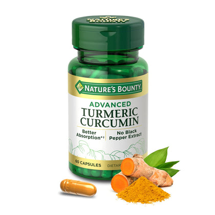 Nature's Bounty Advanced Turmeric Curcumin provides 750% better absorption without Black Pepper Extract or Bioperine. 60 Count Capsules. 60 Servings.