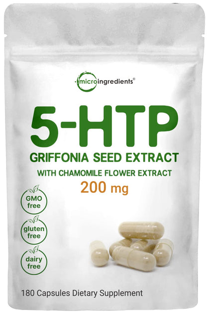 Micro Ingredients 5-HTP 200mg with Chamomile Flower Extract, 180 Capsules, 2 in 1 Formula, 98% Griffonia Seed Extract, Enhanced with Chamomile | Highly Bioavailable for Mood, Sleep & Relaxation