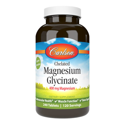 Carlson - Magnesium Glycinate, 200 mg, Superior Absorption, Heart Health, Muscle Function, Bone Support, 240 Tablets