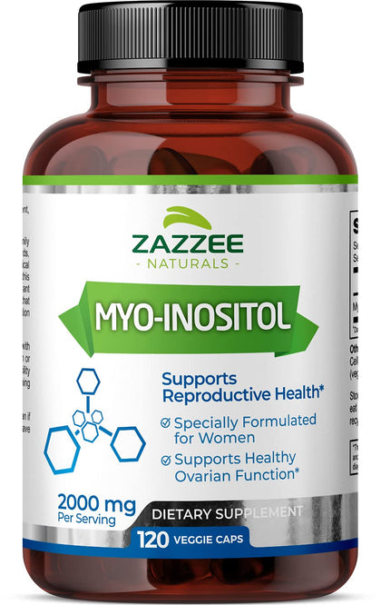 Zazzee Myo-Inositol Capsules, 2000 mg per Serving, 120 Vegan Capsules, Ideal Dosage for 40:1 Ratio, 100% Vegetarian, Hormone Balance & Healthy Ovarian Function Support, All-Natural and Non-GMO