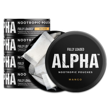 Fully Loaded Alpha Nootropic Pouches (Mango) - 5 Cans - 15 Pouches per can -Effective Nootropic Delivery, Nic Pouch Replacement - Faster Absorption, Alpha GPC, L-Tyrosine, GABA