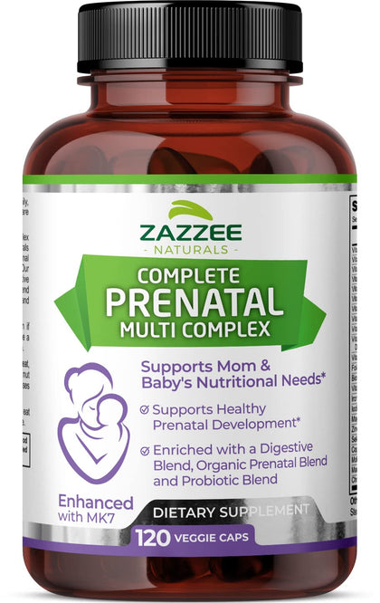 Zazzee Extra Strength Complete Prenatal Multi Complex, 120 Vegan Capsules, 2 Month Supply, 23 Essential Vitamins & Minerals, MK7, 10 Billion CFU Probiotics, Prenatal Enzymes, Organic Herbal Blend