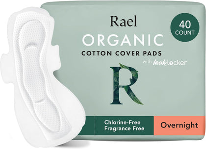 Rael Pads for Women, Organic Cotton Cover - Period Pads with Wings, Feminine Care, Sanitary Napkins, Heavy Absorbency, Unscented, Ultra Thin (Overnight, 40 Count)