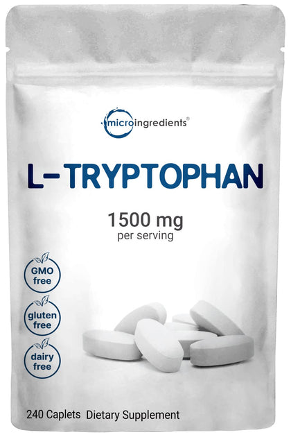 Micro Ingredients L-Tryptophan Supplement, 1500mg Per Serving, 240 Caplets (500mg Per Caplet) | Essential Amino Acid | Supports Mood and Relaxation | Non-GMO, Easy to Swallow