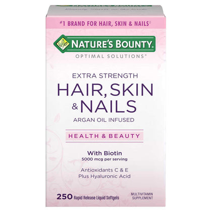 Nature's Bounty Hair Skin and Nails 5000 mcg of Biotin - 250 Coated Tablets Regular & Extra Strength (Extra Strength, Two Bottles each of 250 Softgels)