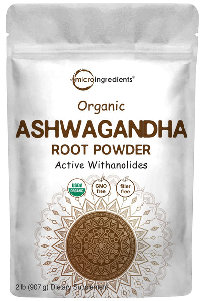 Micro Ingredients Organic Ashwagandha Root Powder | 2 Pound, No Filler, No Additives, Highly Purified | Active Withanolides, Adaptogenic Ayurvedic Herbal Supplements, No GMO, Gluten Free, India Origin