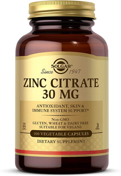 Solgar Zinc Citrate Vegetable Capsules, 100 Count, Non-GMO, Gluten Free, and Kosher, Supports Immune System Health, Healthy Skin and Eyes, Normal Taste and Vision