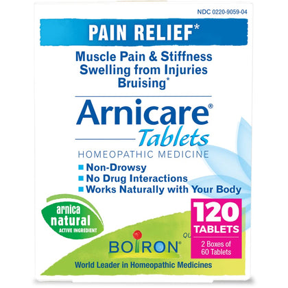 Boiron Arnicare Tablets for Pain Relief from Muscle Pain, Joint Soreness, Swelling from Injury or Bruises - 120 Count (2 Pack of 60)