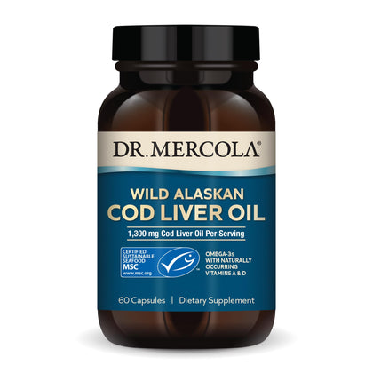 Dr. Mercola Cod Liver Oil, 1,300 mg Per Serving, 30 Servings (60 Capsules), Dietary Supplement, Supports Brain, Bone and Joint Health, Non-GMO, MSC Certified