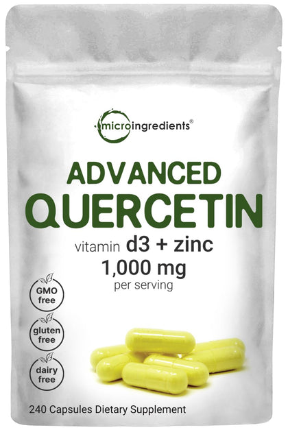 Micro Ingredients Quercetin Supplements with Zinc & Vitamin D3, 1,000mg Per Serving, 240 Capsules | 3 in 1 - Quercetin 1,000mg, Zinc Picolinate 50mg, & Vitamin D 5,000iu | Immune Support | Non-GMO