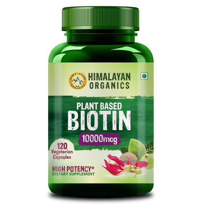 HIMALAYAN ORGANICS Organics Plant Based Biotin 10000Mcg for Longer Hair Growth | Glowing Skin and Longer Nails Supplement | for Men and Women - 120 Veg Capsules