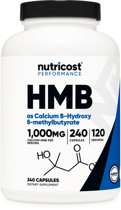 Nutricost HMB (Beta-Hydroxy Beta-Methylbutyrate) 1000mg (240 Capsules) - 500mg Per Capsule, 120 Servings - Gluten Free and Non-GMO (Expiry 12/01/2026)