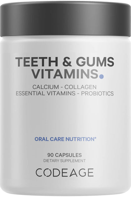 Codeage Teeth & Gums Vitamins + Oral Probiotics Supplement for Mouth - Whole Food Calcium, Collagen, Potassium, Vitamin C, D3, K2, Zinc - Oral Care & Dental Multivitamin Supplements - 90 Capsules