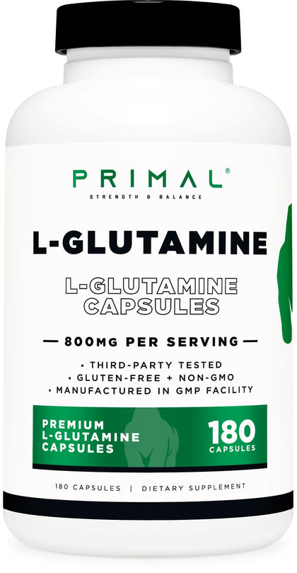 Primal L-Glutamine Capsules (180 Capsules / 800mg Per Serving) | Glutamine Amino Acid Supplement