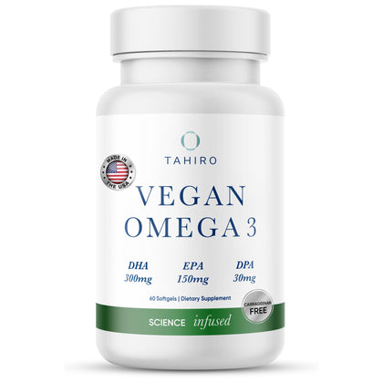 TAHIRO Vegan Omega-3 Softgels - Plant-Based Supplement with DPA, DHA & EPA - Nutrients for Men, Women and Pregnant Women - Supports Brain Health - Prenatal & Joint Supplements, 1000mg