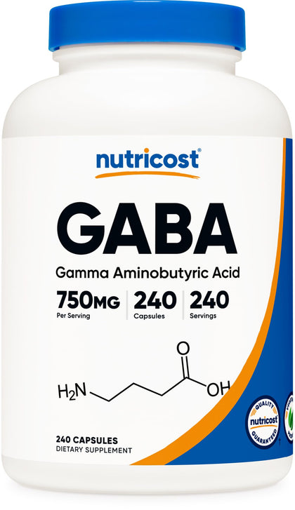 Nutricost GABA (Gamma Aminobutyric Acid) 750mg, 240 Capsules, 240 Servings - Non-GMO, Gluten Free