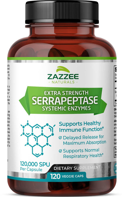 Zazzee Delayed Release Serrapeptase, 120,000 SPU per Capsule, 120 Vegan Capsules, 4 Month Supply, Extra Strength, Potent and Concentrated Systemic Enzymes, 100% Vegetarian, All-Natural and Non-GMO