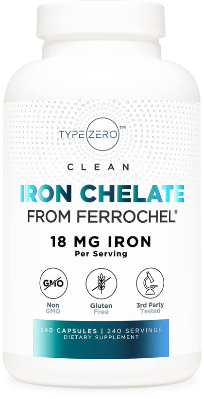 Type Zero Iron Chelate Capsules (18 MG, 240 CAPS) from Ferrochel - Non-GMO and Gluten Free