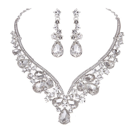 molie rhinestone crystal v-shaped bridal wedding necklace earrings jewelry set for brides gown(clear)