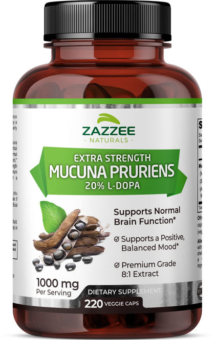 Zazzee Extra Strength Mucuna Pruriens 8:1 Extract, Minimum 20% L-Dopa, 1000 mg, 220 Vegan Capsules, 110 Day Supply, Concentrated and Standardized 8X Extract, 100% Vegetarian, All-Natural and Non-GMO