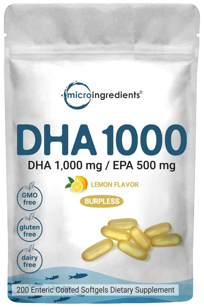 Omega 3 Fish Oil DHA Supplements 1000mg with EPA 500mg, 200 Softgels - Lemon Flavored, Burpless (Enteric Coated) | Deep Sea Fresh Fish, Wild Caught from Norwegian Waters | Mercury Free