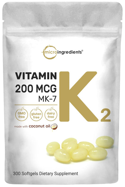 Micro Ingredients Vitamin K2 MK-7 Supplement, 200 mcg Per Serving, 300 Coconut Oil Softgles | Easily Absorbed, Active Menaquinone Form | Immune, Joint, & Heart Support | Non-GMO