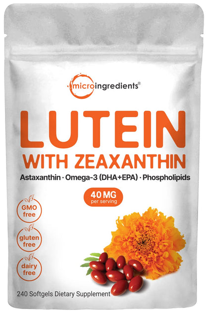 Micro Ingredients Lutein & Zeaxanthin 40mg Softgels, 240 Count, with Astaxanthin, Omega-3s, & Phospholipids | Eye + Vision Health Vitamins | Third Party Tested, Non-GMO, Gluten Free