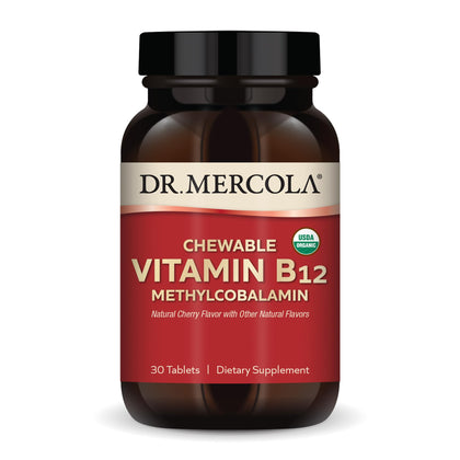 Dr. Mercola Organic Chewable Vitamin B12, 30 Servings (30 Tablets), Natural Cherry Flavor, Dietary Supplement, Supports Energy Production and Mental Focus, Non-GMO, Certified USDA Organic