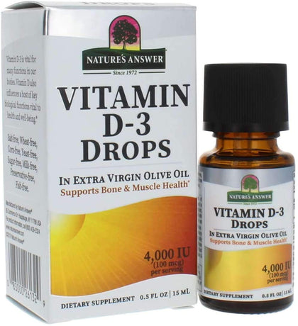 Nature's Answer Vitamin D-3 Drops | Blended with Extra Virgin Gold Olive Oil | Quickly Absorbed into Body | No Fillers, No Soy, Yeast Sugar, Milk or Preservatives 0.5oz