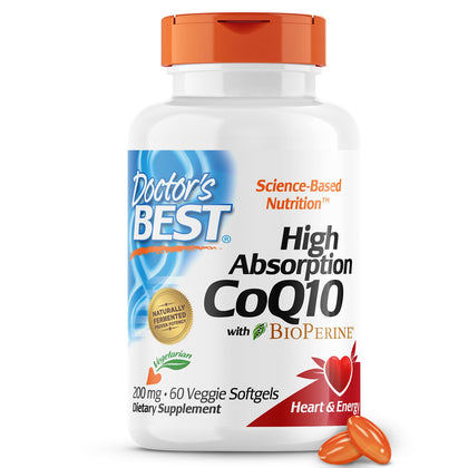 Doctor's BEST High Absorption CoQ10 with BioPerine, Heart Health & Energy Production, Naturally Fermented, Vegetarian, Gluten Free, 200 mg, 60 Veggie Softgels