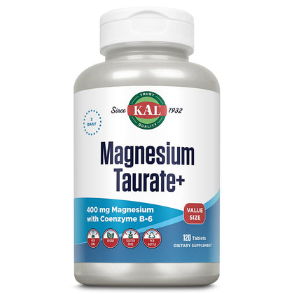 KAL Magnesium Taurate 400mg Plus Vitamin B6, Chelated Magnesium Supplement, High Absorption Magnesium Complex, Muscle and Heart Health Support, Vegan, Gluten Free, 60-Day Guarantee, 60 Serv, 120 Tabs