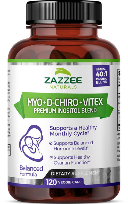 Zazzee Myo-Inositol + D-Chiro + Vitex, 120 Vegan Capsules, Optimal 40:1 Inositol Ratio, with 500 mg Vitex, 100% Vegetarian, All-Natural and Non-GMO, Supports Healthy Ovulation and a Regular Cycle