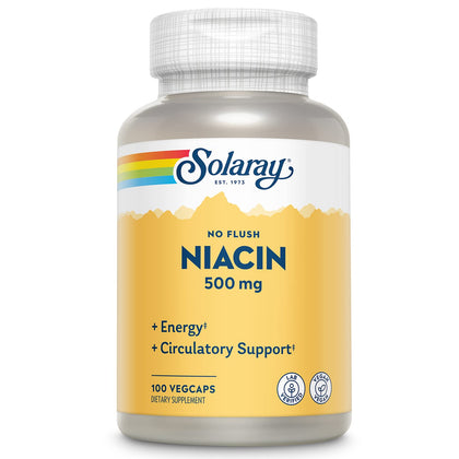 SOLARAY Title No Flush Niacin 500mg, Flush-Free Vitamin B3 Niacin, Energy and Circulatory System Support, Vegan, Lab Verified, 60-Day Money-Back Guarantee, 100 Servings, 100 VegCaps