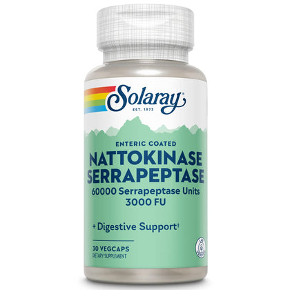 SOLARAY Nattokinase Serrapeptase Supplement - Enteric Coated - 3000 FU Nattokinase Supplement - Circulation, Cardiovascular, Sinus Support - Lab Verified, 60-Day Guarantee - 30 Servings, 30 VegCaps